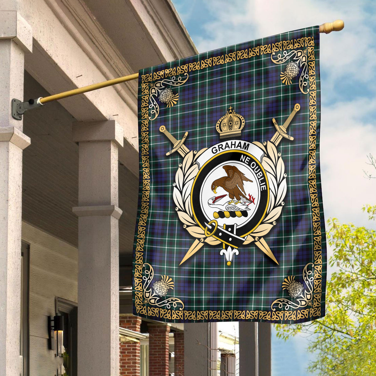 Graham of Montrose Modern Tartan Crest Garden Flag - Celtic Thistle Style