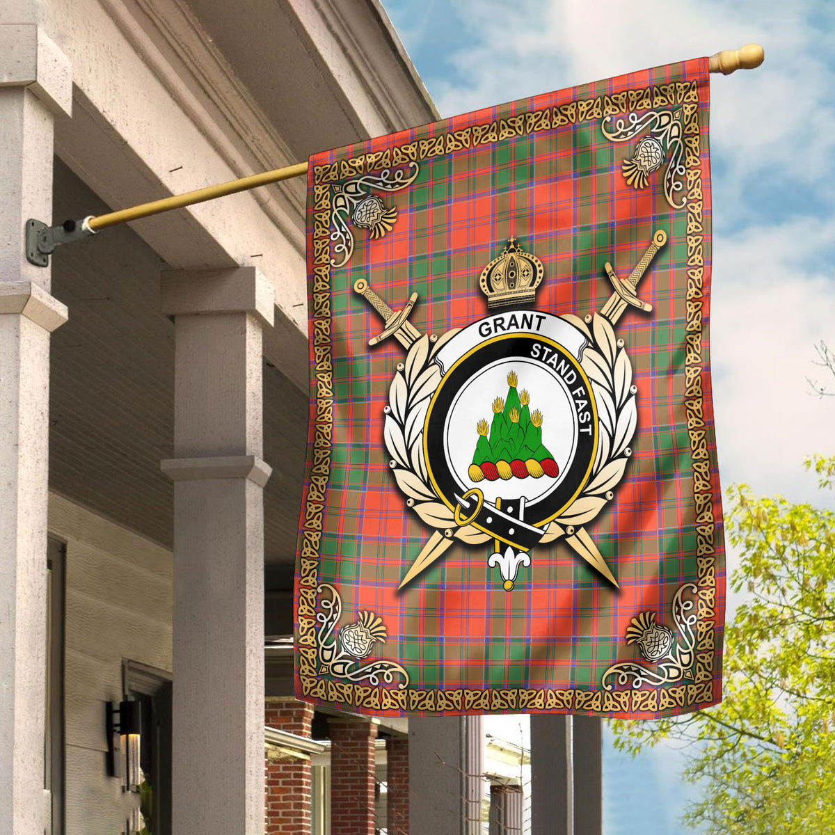 Grant Ancient Tartan Crest Garden Flag - Celtic Thistle Style