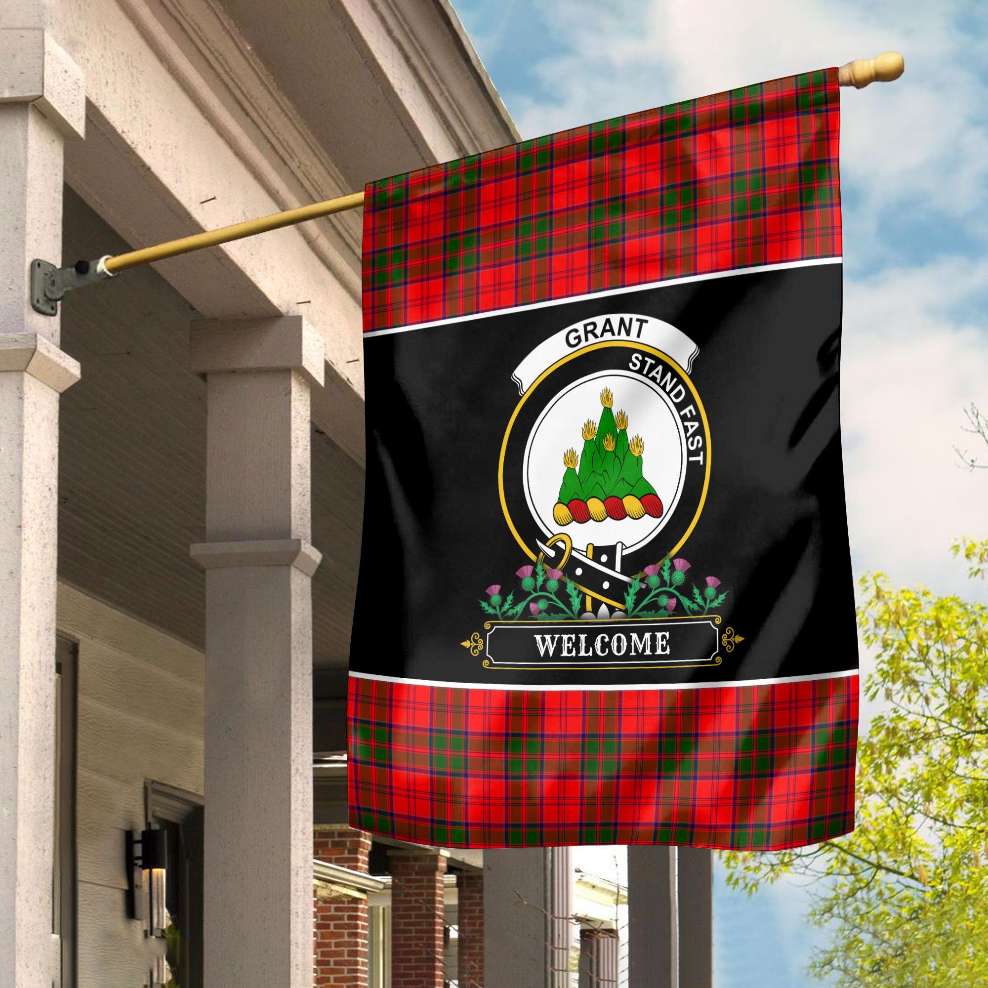 Grant Modern Tartan Crest Garden Flag - Welcome Style