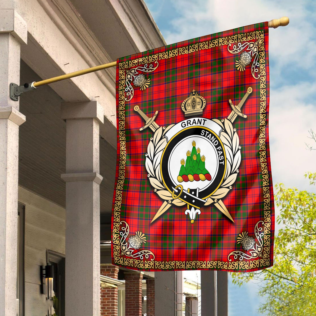 Grant Modern Tartan Crest Garden Flag - Celtic Thistle Style