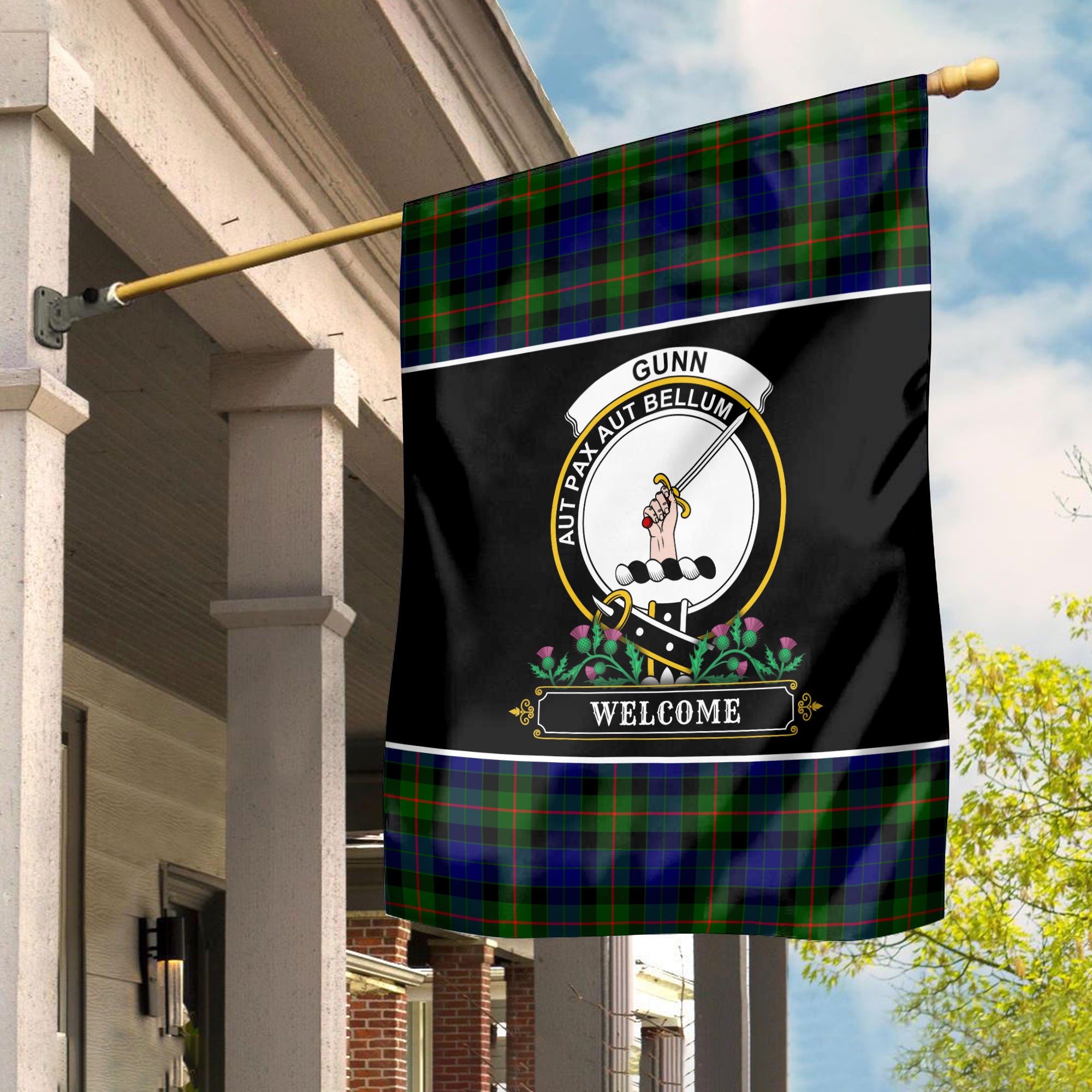 Gunn Modern Tartan Crest Garden Flag - Welcome Style