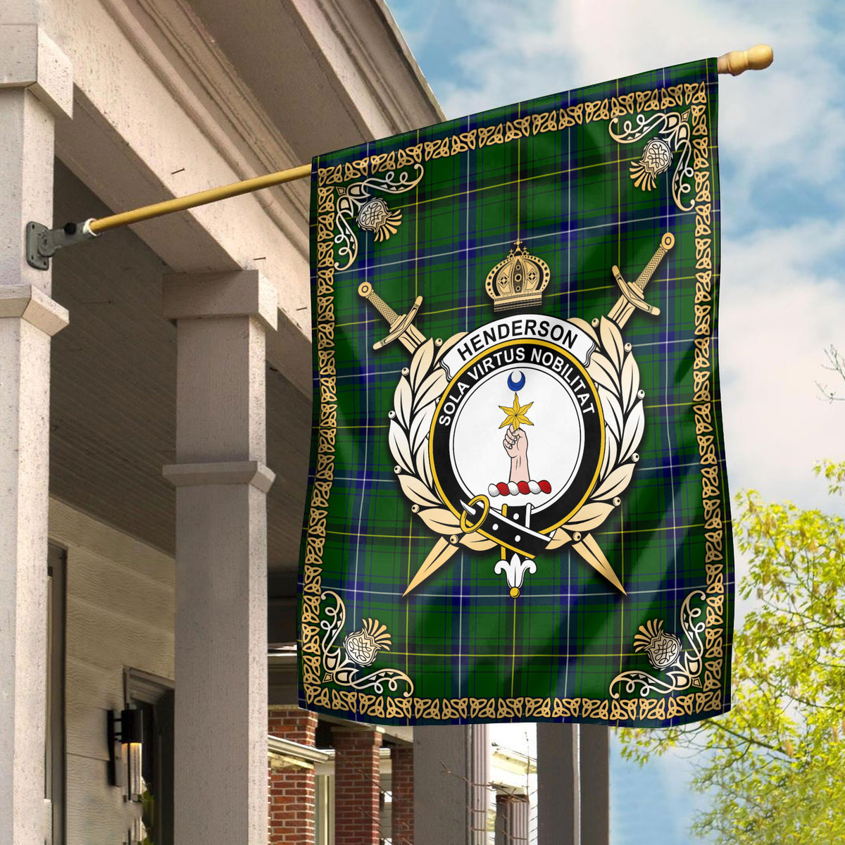 Henderson Modern Tartan Crest Garden Flag - Celtic Thistle Style