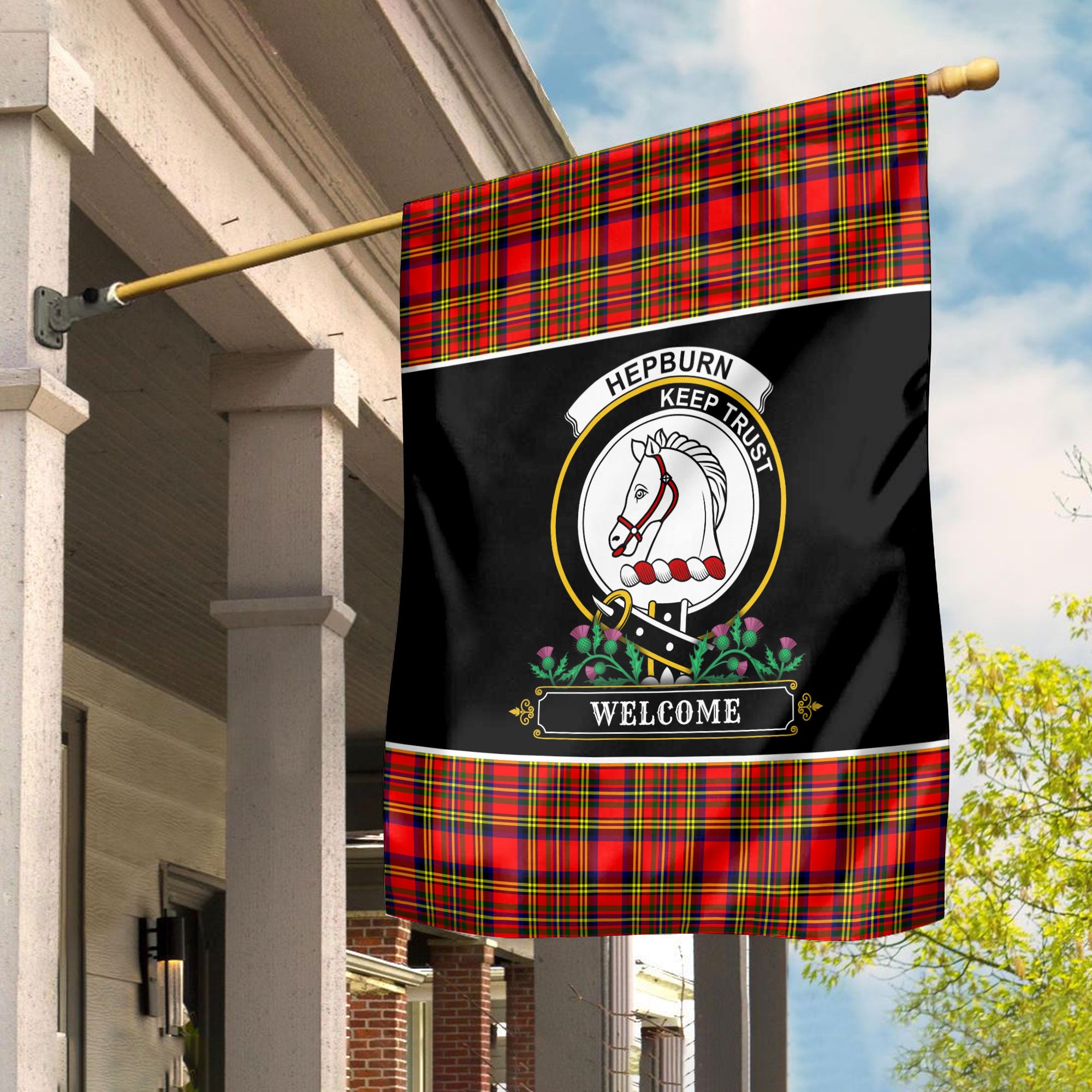 Hepburn Tartan Crest Garden Flag - Welcome Style