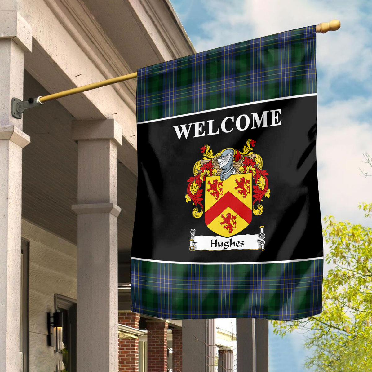 Hughes Tartan Crest Black Garden Flag