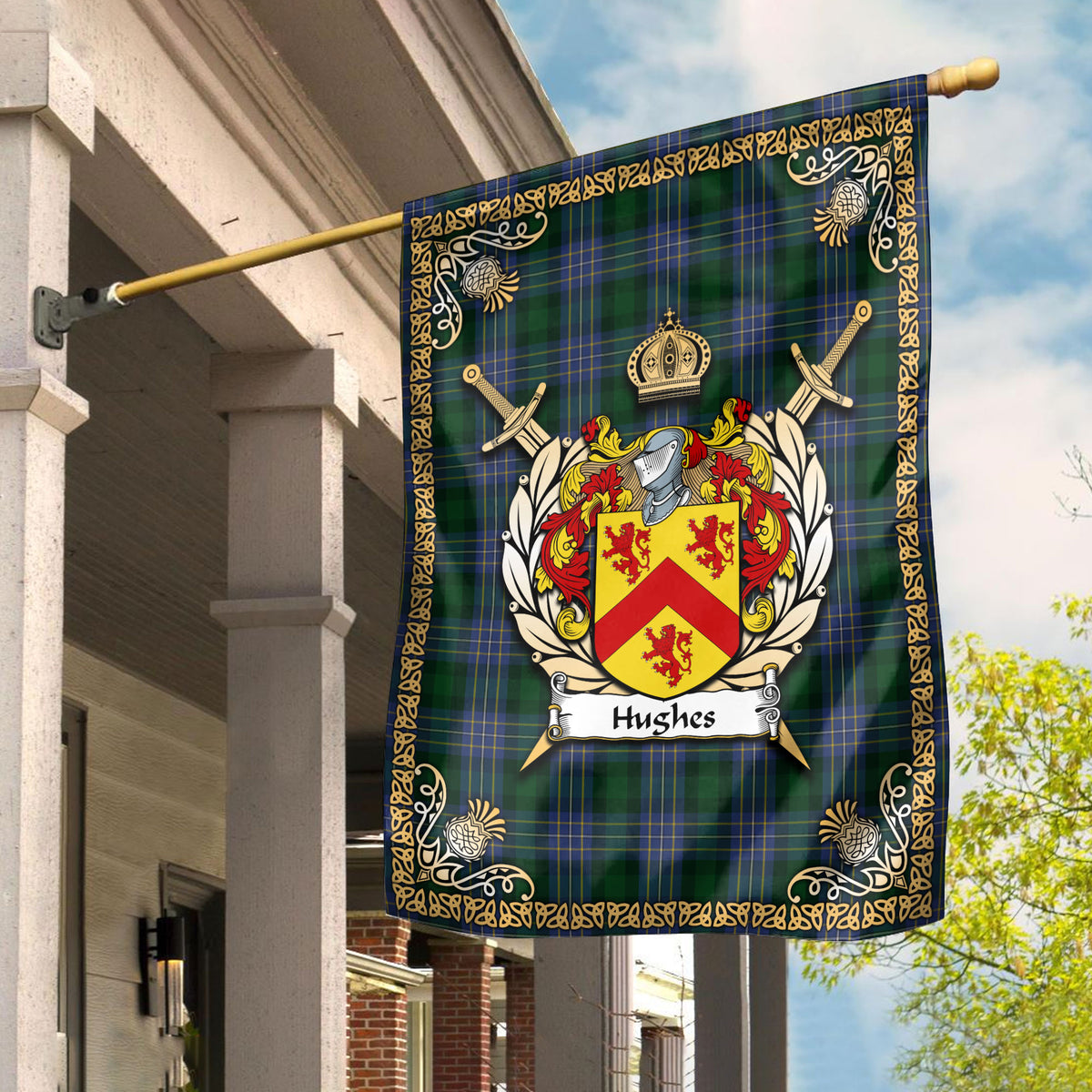 Hughes Tartan Crest Garden Flag - Celtic Thistle Style