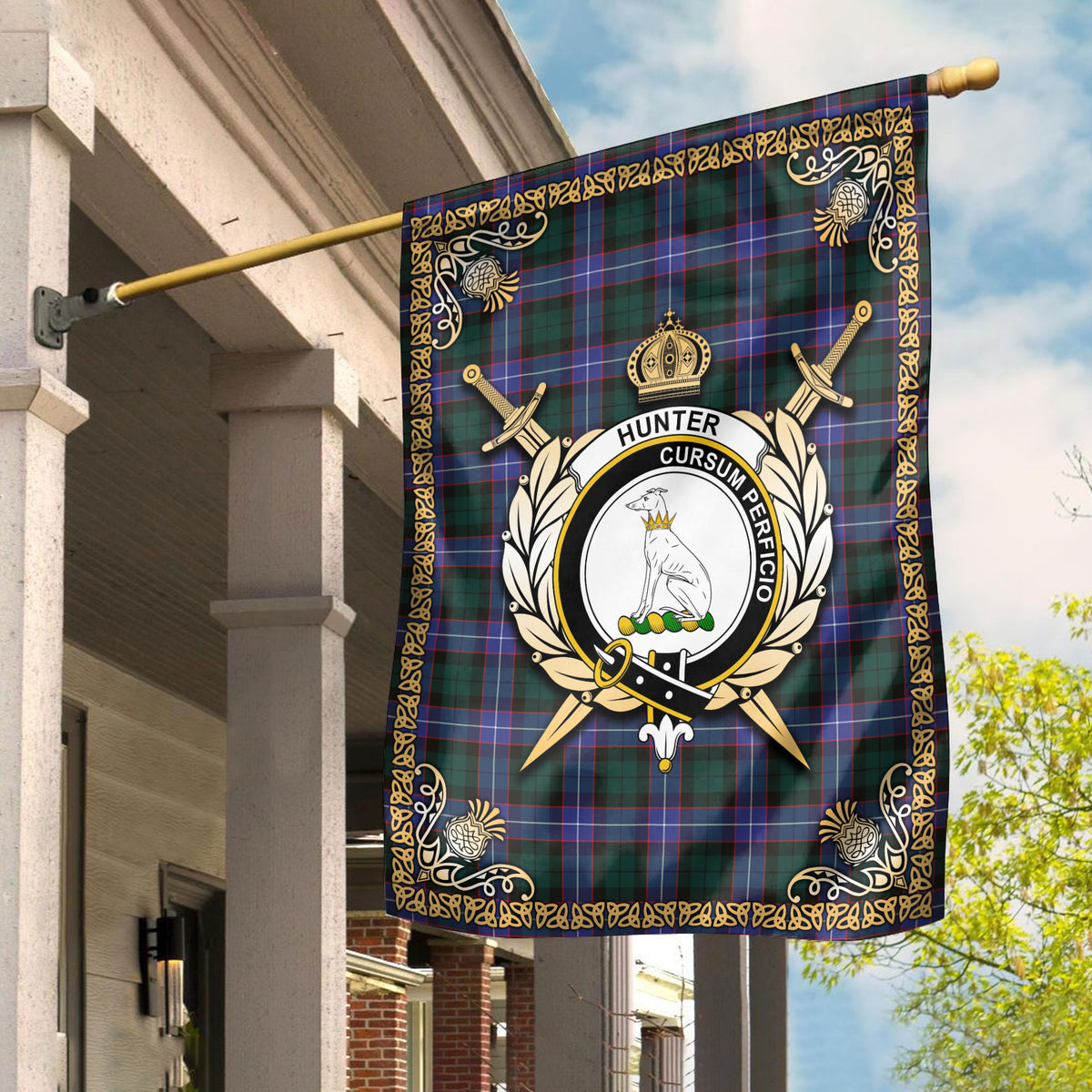 Hunter Modern Tartan Crest Garden Flag - Celtic Thistle Style