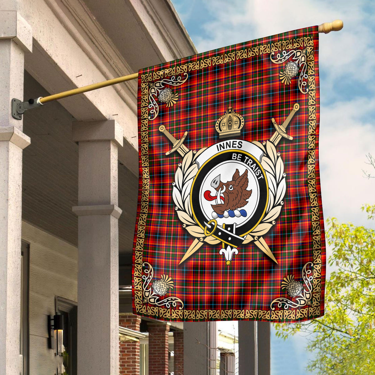 Innes Modern Tartan Crest Garden Flag - Celtic Thistle Style