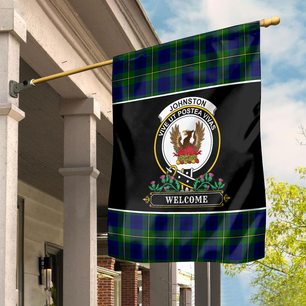 Johnston of Caskieben Modern Tartan Crest Garden Flag - Welcome Style