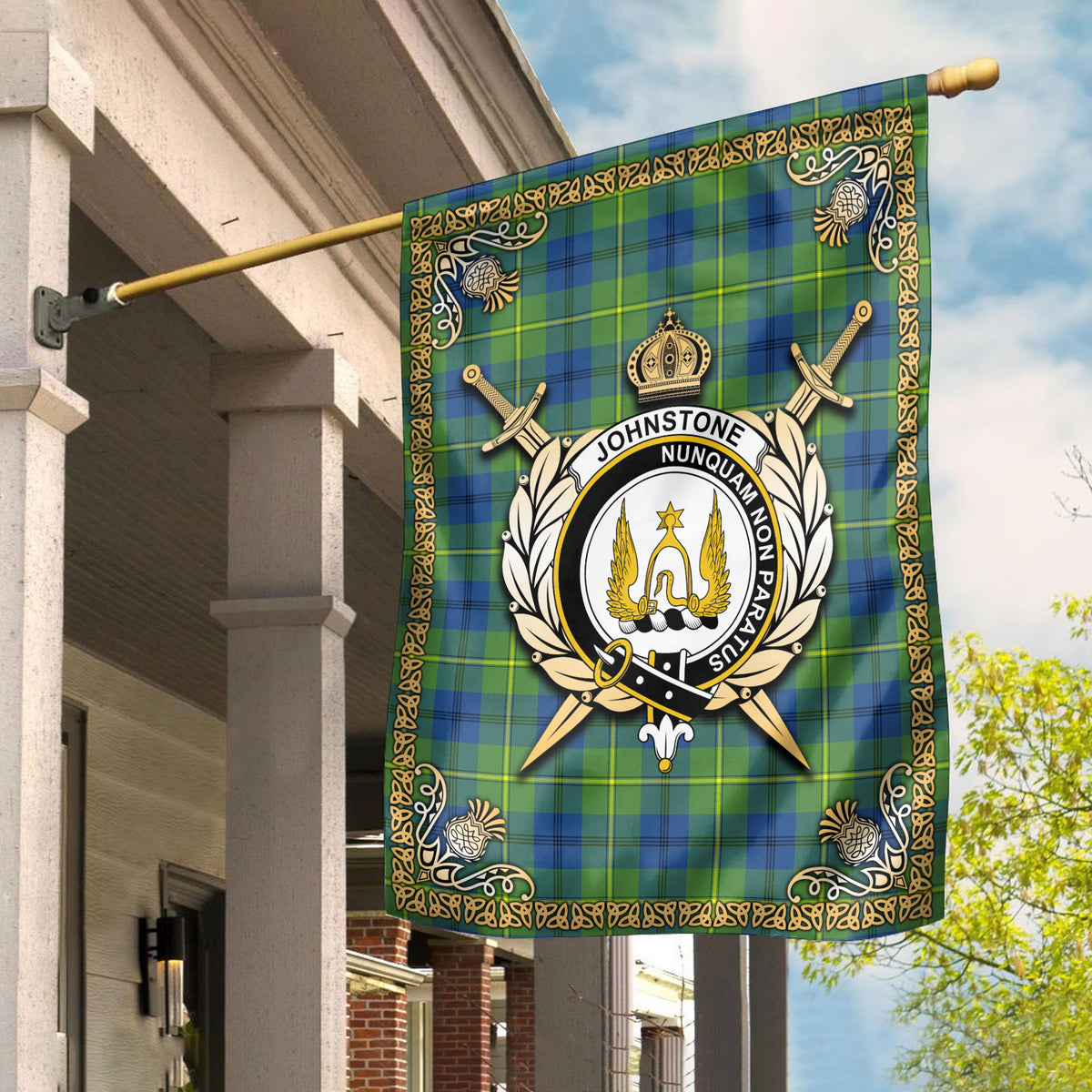 Johnstone Ancient Tartan Crest Garden Flag - Celtic Thistle Style