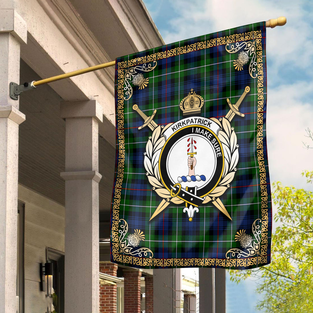 Kirkpatrick Tartan Crest Garden Flag - Celtic Thistle Style