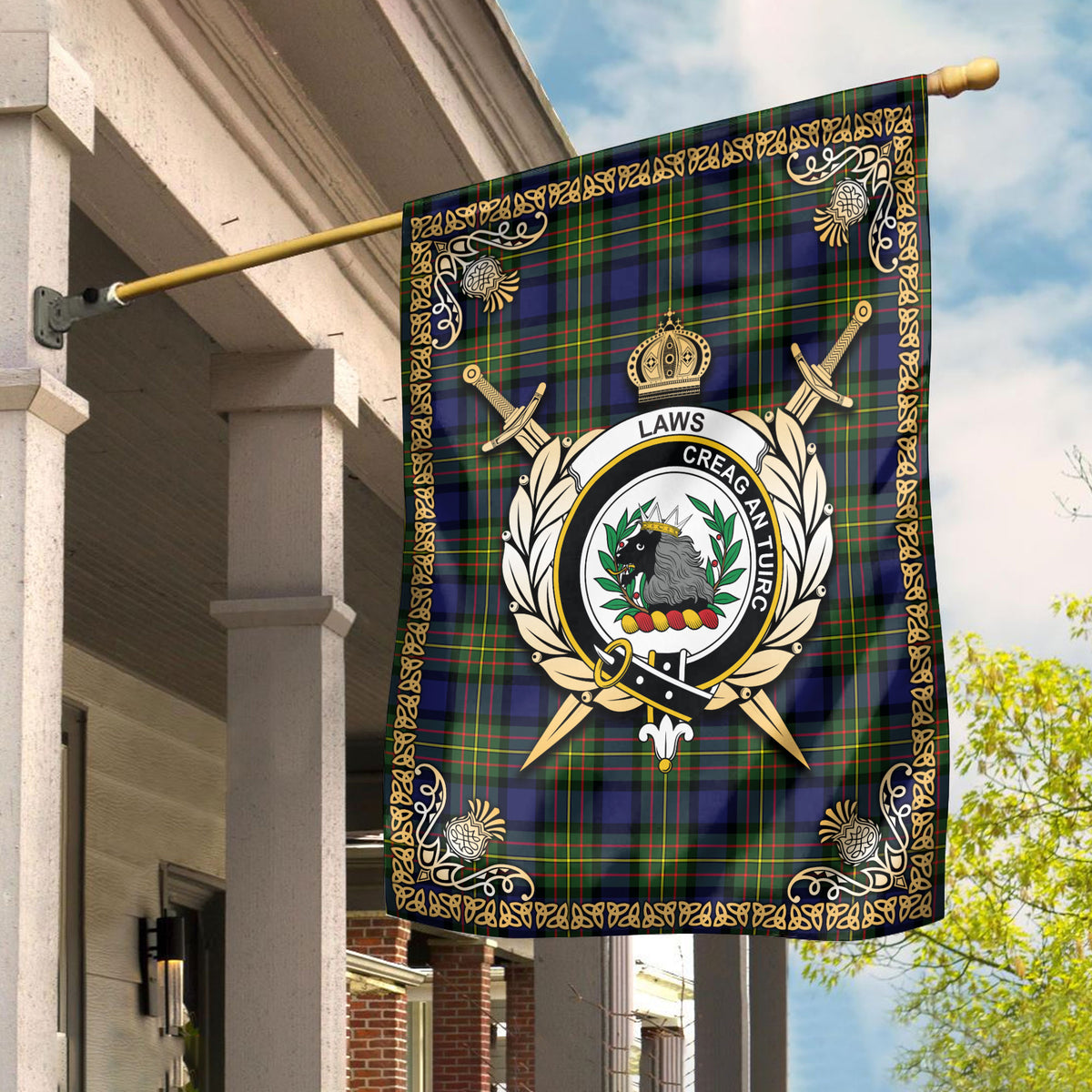 Laws Tartan Crest Garden Flag - Celtic Thistle Style