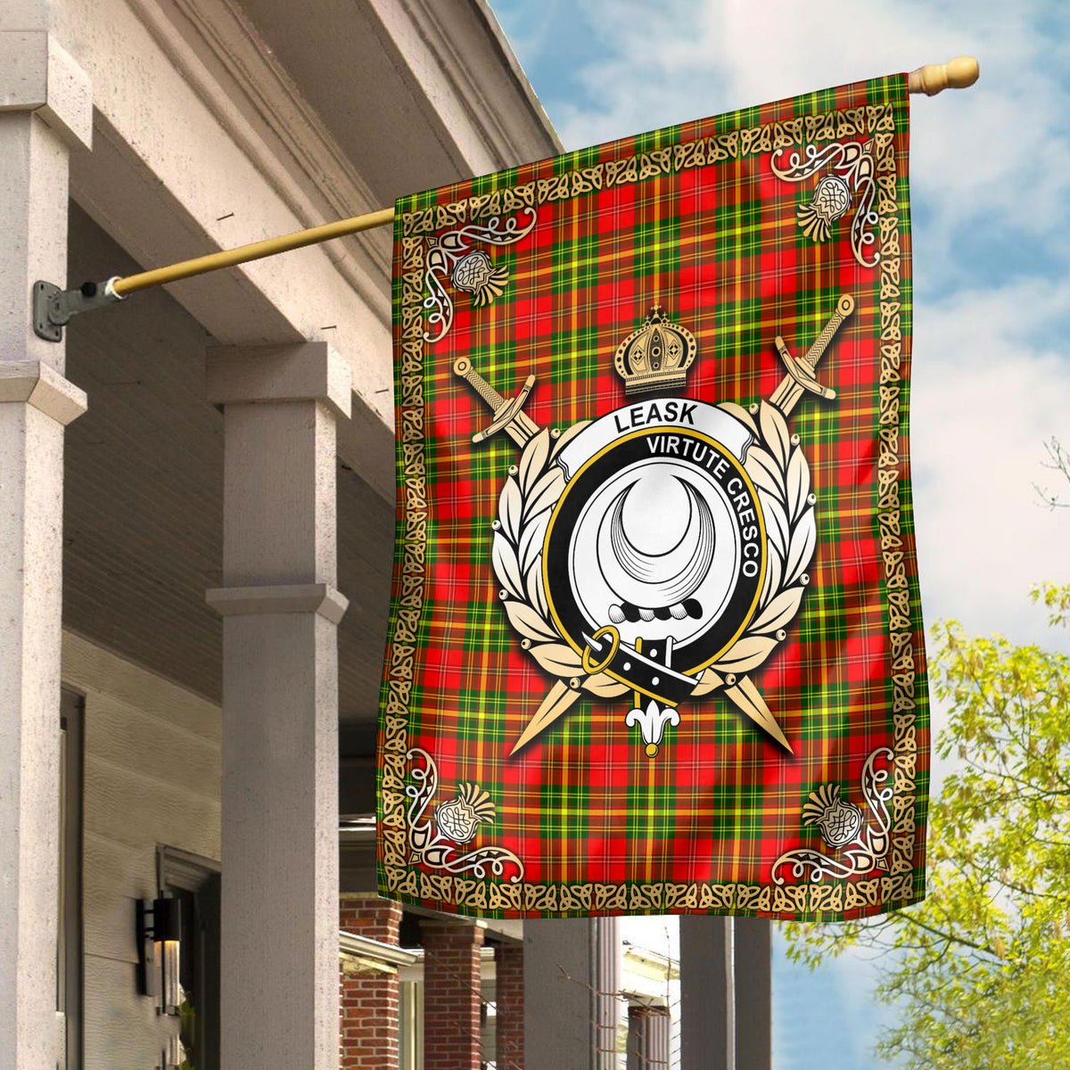 Leask Tartan Crest Garden Flag - Celtic Thistle Style