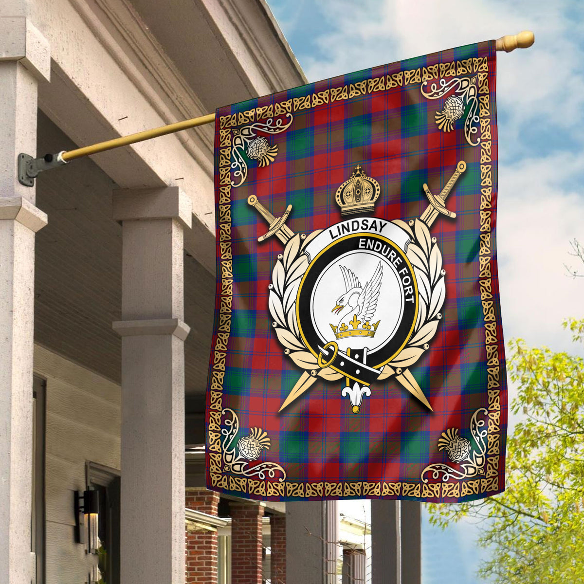 Lindsay Modern Tartan Crest Garden Flag - Celtic Thistle Style