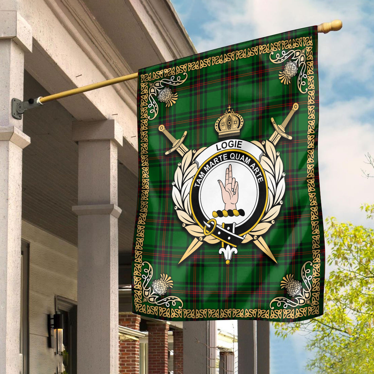 Logie Tartan Crest Garden Flag - Celtic Thistle Style