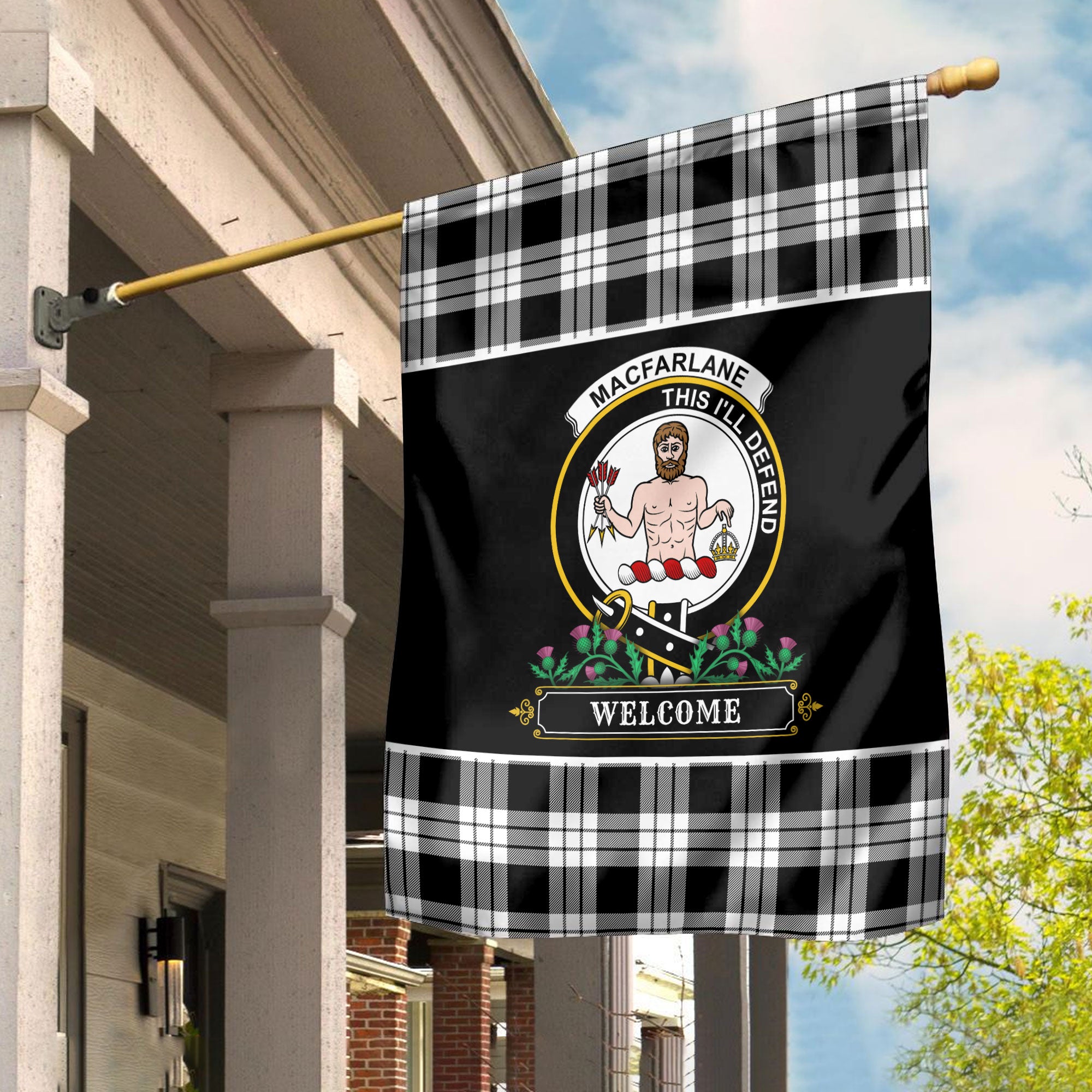 MacFarlane Black _ White Tartan Crest Garden Flag - Welcome Style