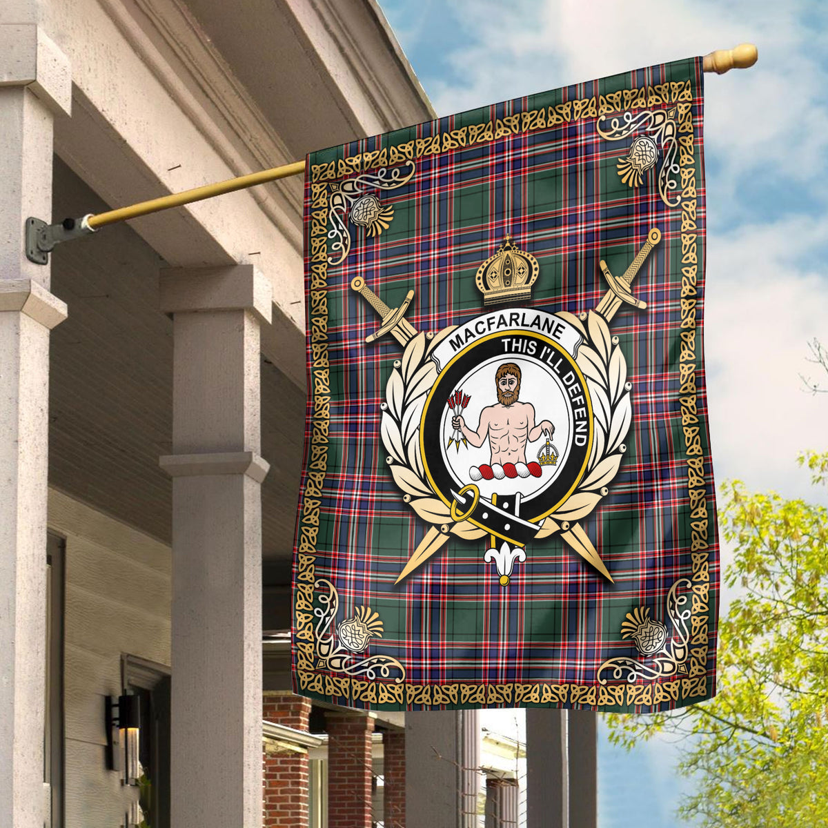 MacFarlane Hunting Modern Tartan Crest Garden Flag - Celtic Thistle Style