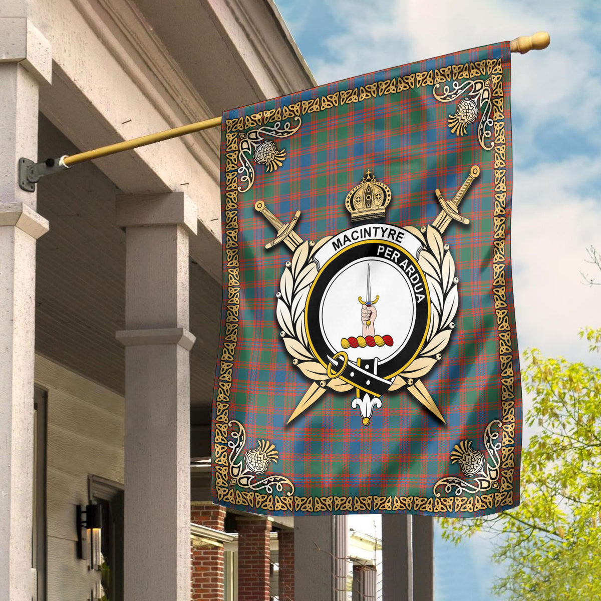 MacIntyre Ancient Tartan Crest Garden Flag - Celtic Thistle Style