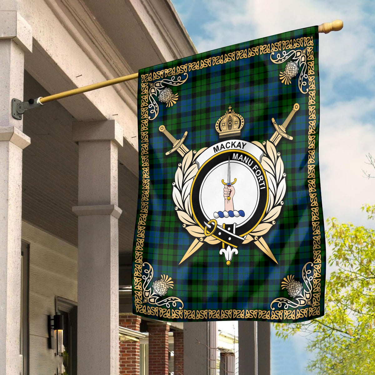 MacKay Modern Tartan Crest Garden Flag - Celtic Thistle Style