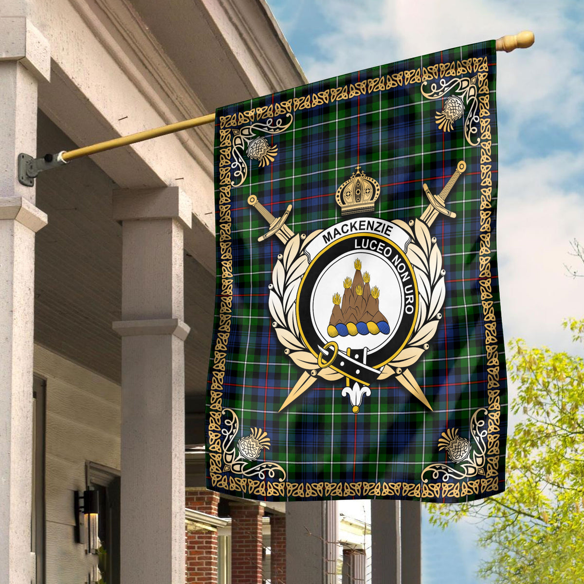 MacKenzie Modern Tartan Crest Garden Flag - Celtic Thistle Style