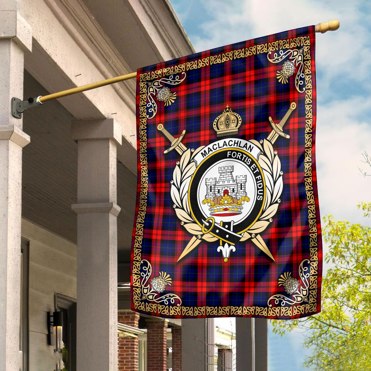 MacLachlan Modern Tartan Crest Garden Flag - Celtic Thistle Style