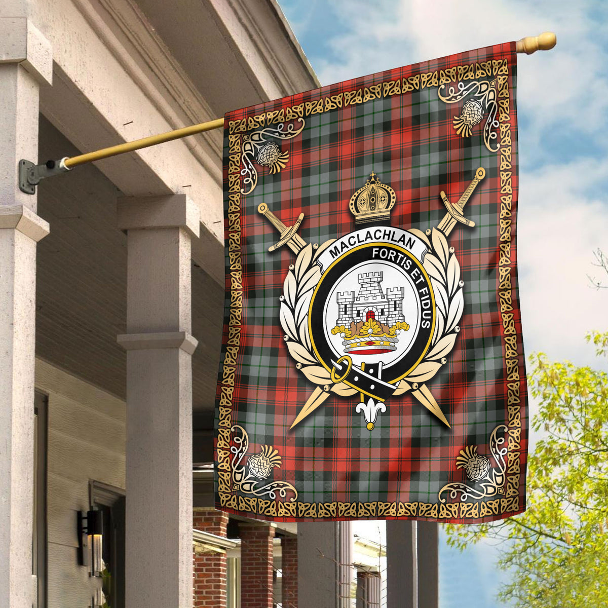 MacLachlan Weathered Tartan Crest Garden Flag - Celtic Thistle Style