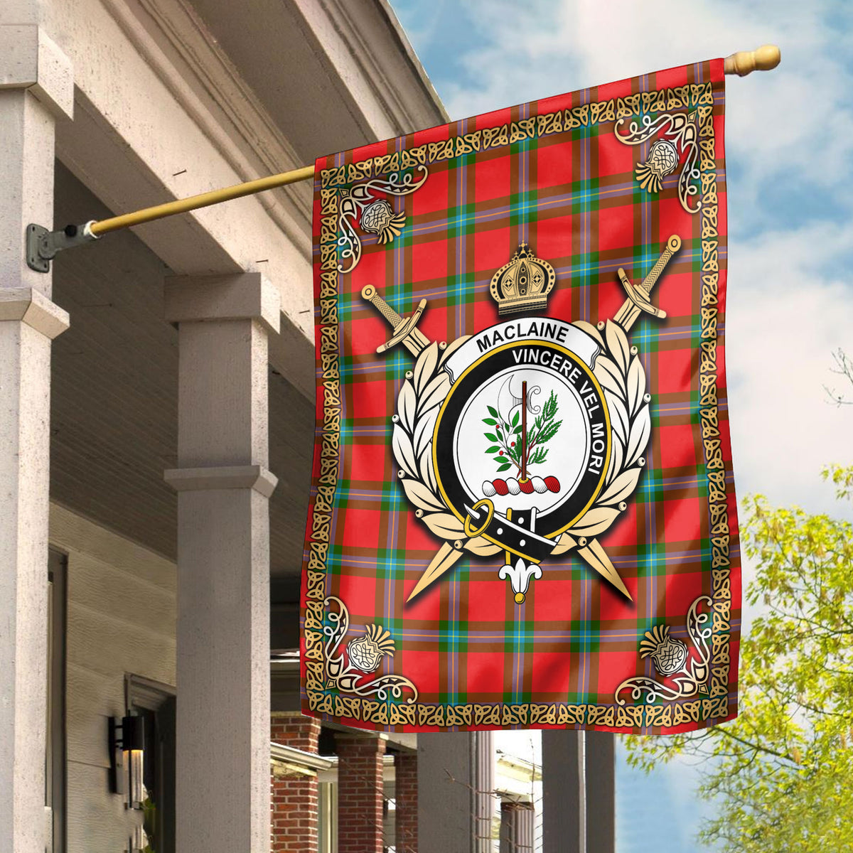 MacLaine of Loch Buie Tartan Crest Garden Flag - Celtic Thistle Style