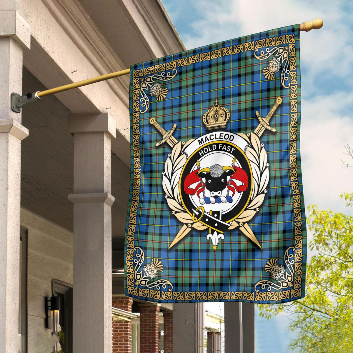 MacLeod of Harris Ancient Tartan Crest Garden Flag - Celtic Thistle Style