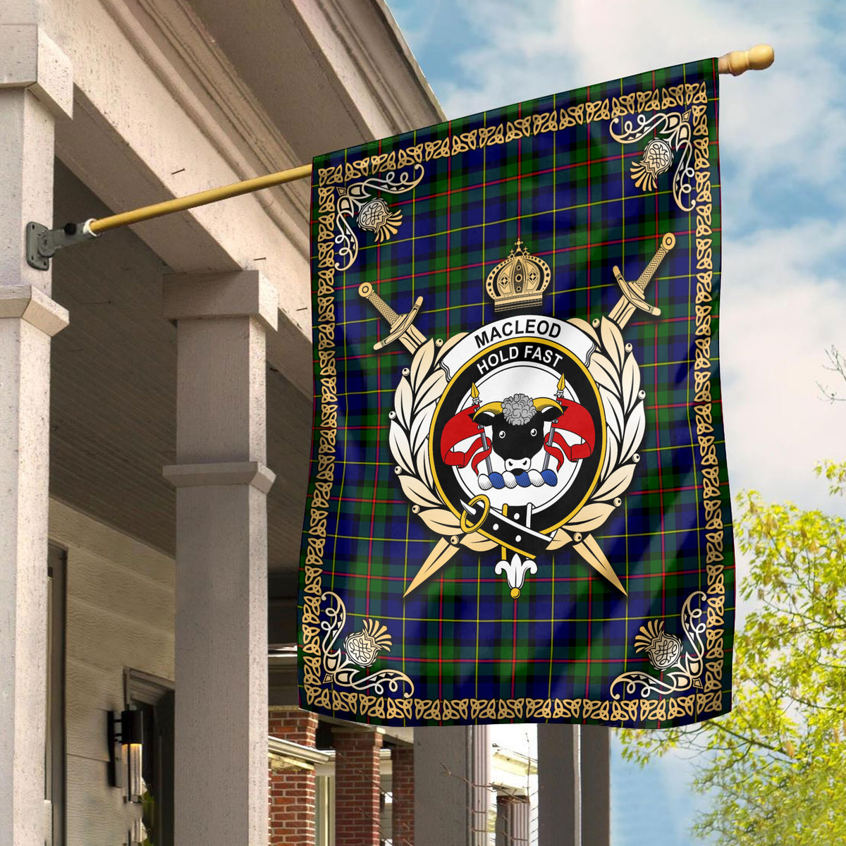 MacLeod of Harris Modern Tartan Crest Garden Flag - Celtic Thistle Style