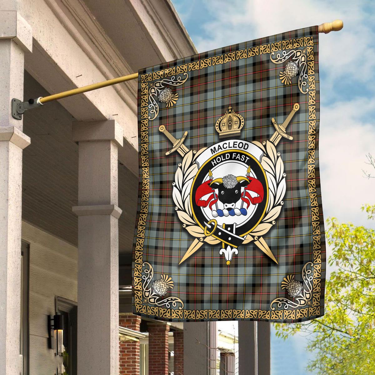 MacLeod of Harris Weathered Tartan Crest Garden Flag - Celtic Thistle Style