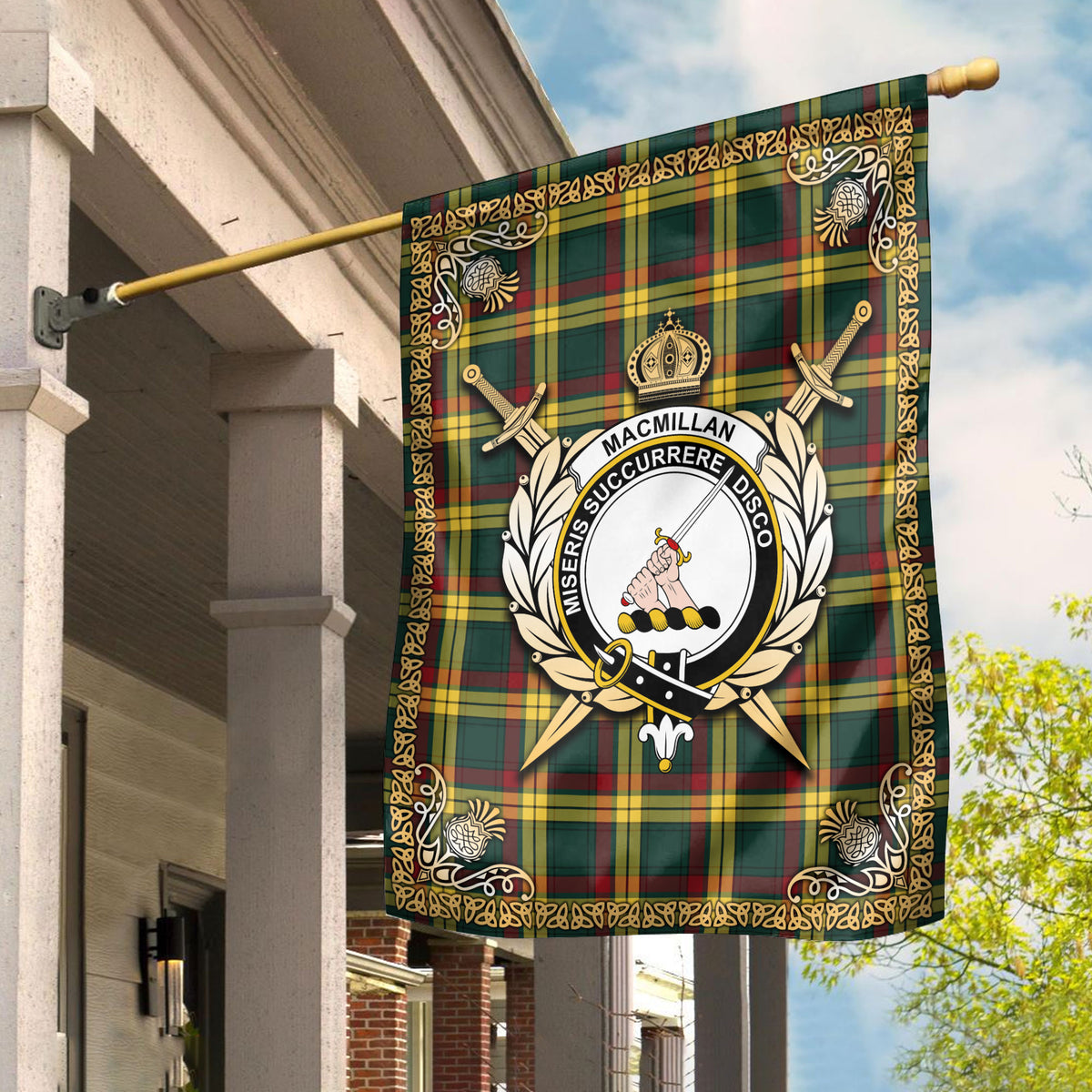 MacMillan Old Modern Tartan Crest Garden Flag - Celtic Thistle Style