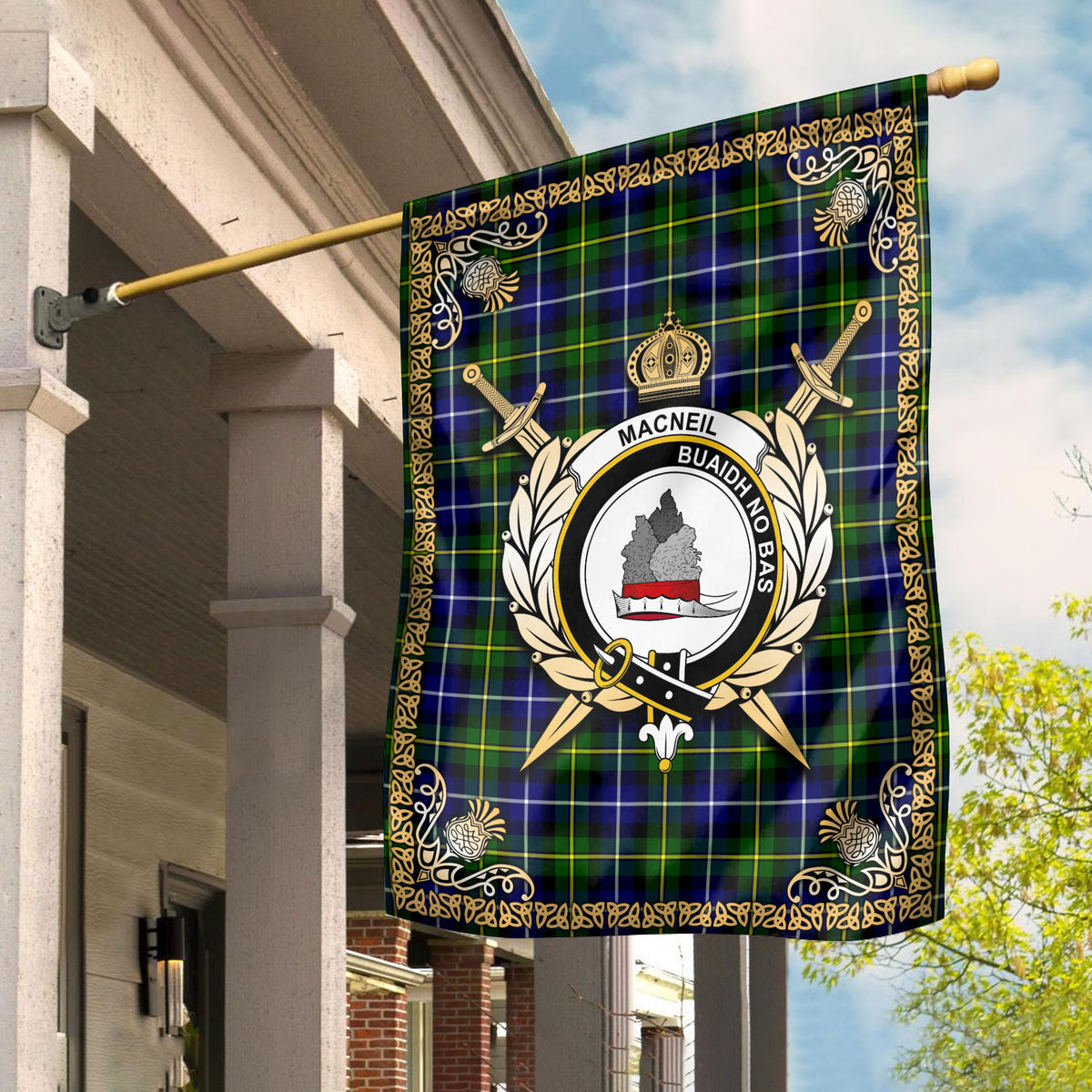 MacNeil of Barra Modern Tartan Crest Garden Flag - Celtic Thistle Style