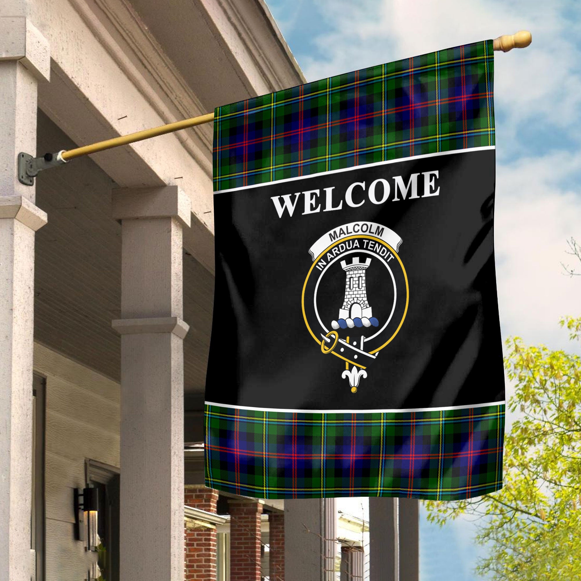 Malcolm Tartan Crest Black Garden Flag