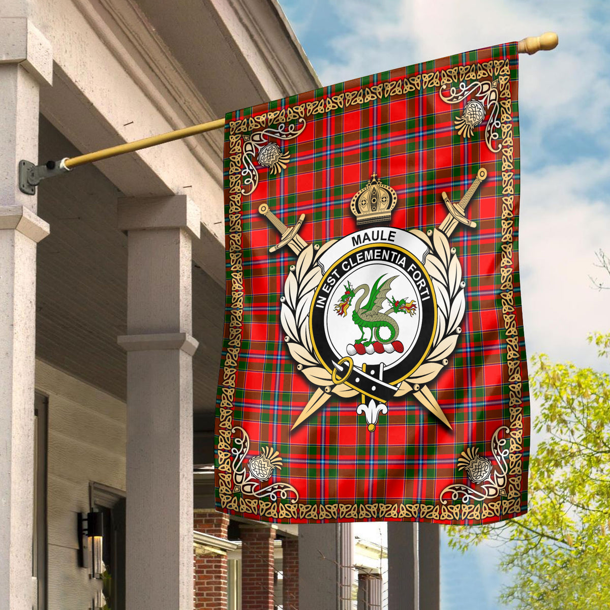 Maule Tartan Crest Garden Flag - Celtic Thistle Style