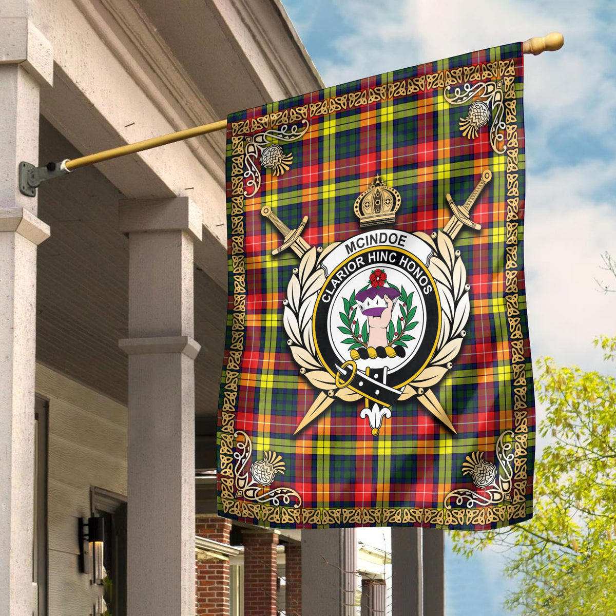 McIndoe Tartan Crest Garden Flag - Celtic Thistle Style