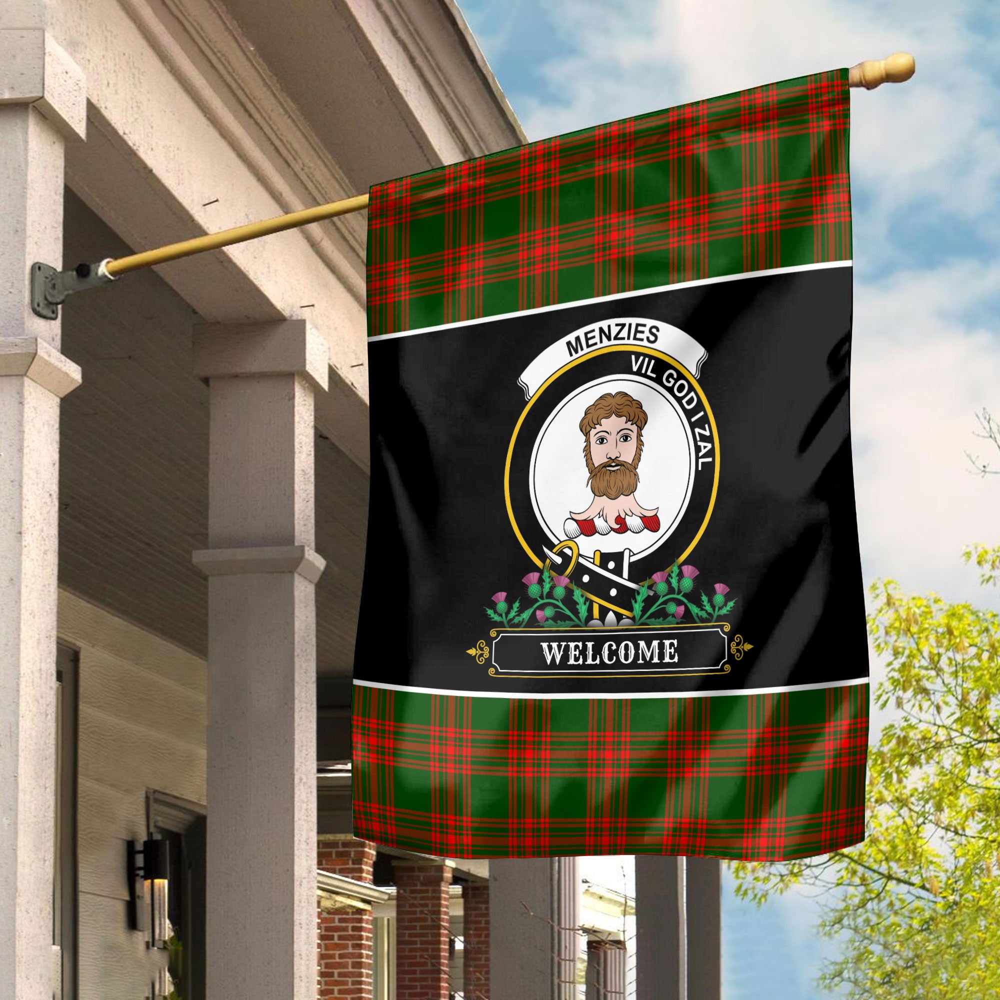 Menzies Green Modern Tartan Crest Garden Flag - Welcome Style