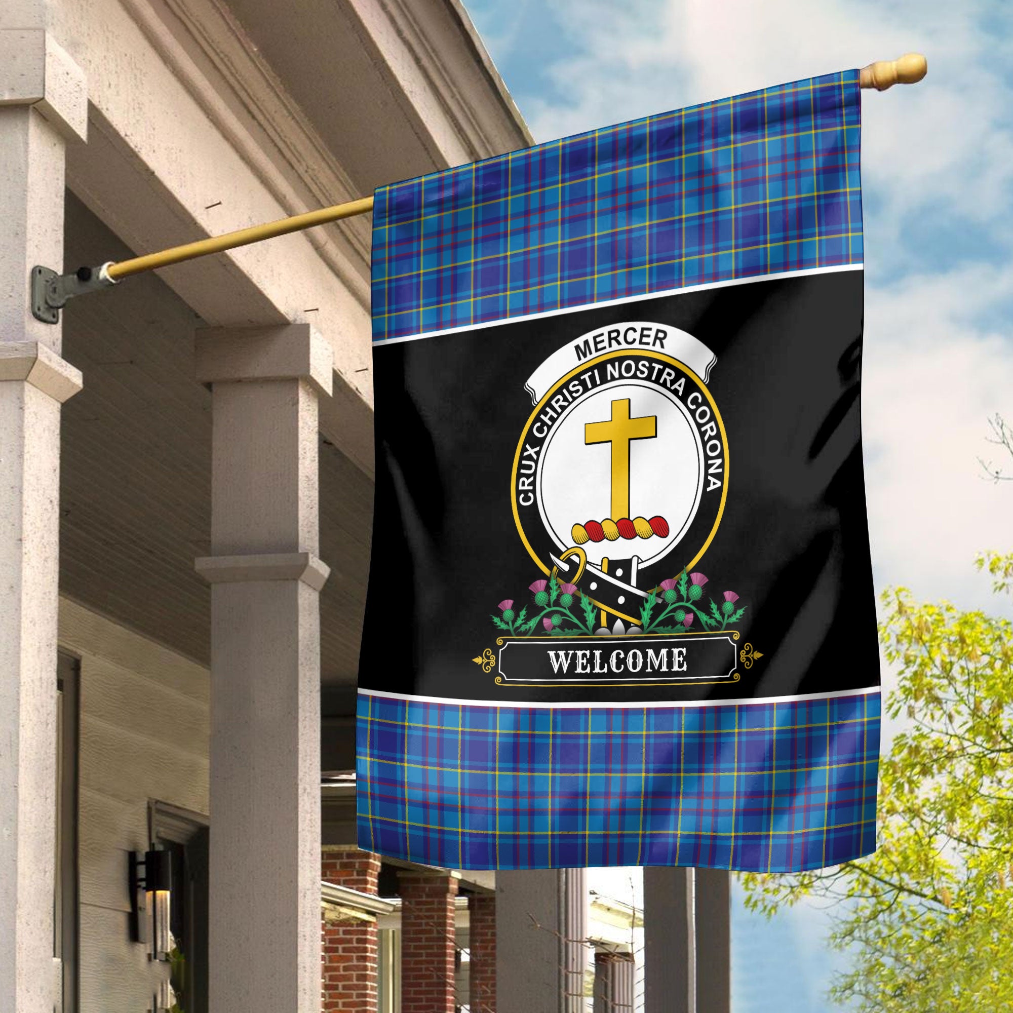 Mercer Modern Tartan Crest Garden Flag - Welcome Style