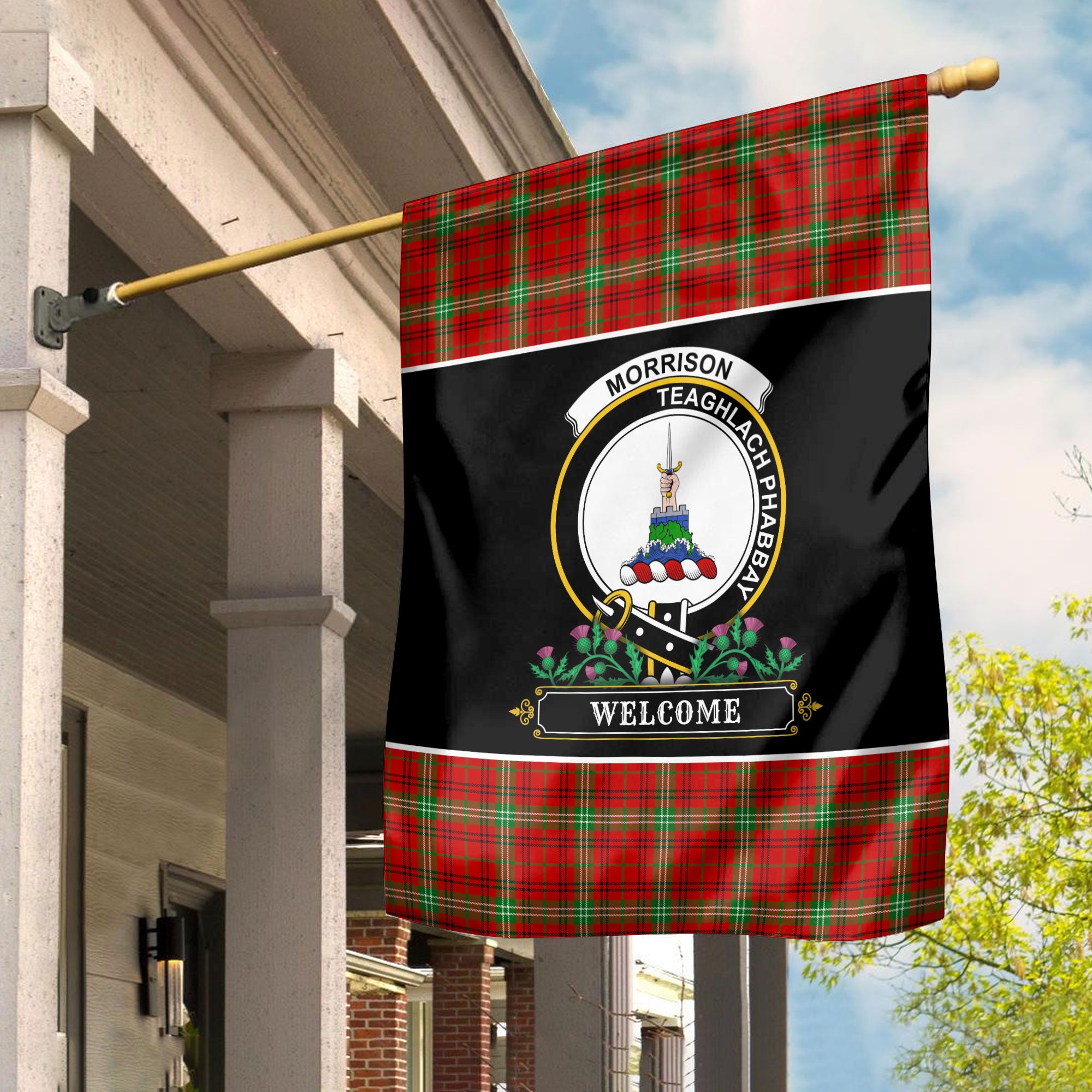 Morrison Red Modern Tartan Crest Garden Flag - Welcome Style