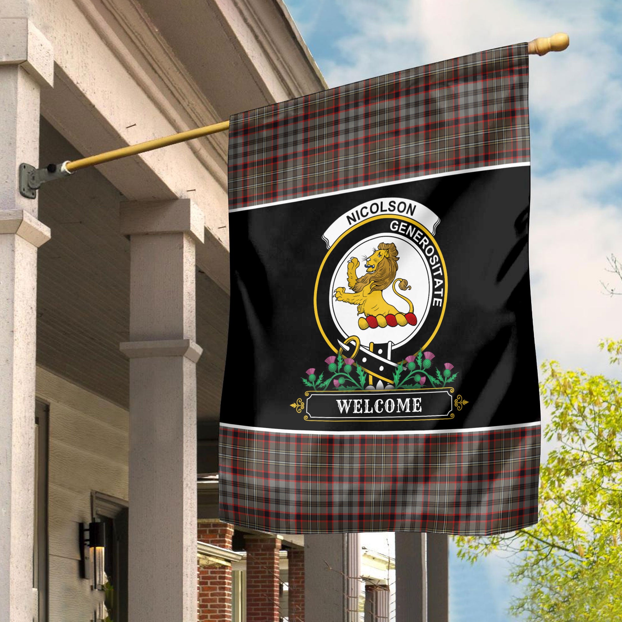 Nicolson Hunting Weathered Tartan Crest Garden Flag - Welcome Style