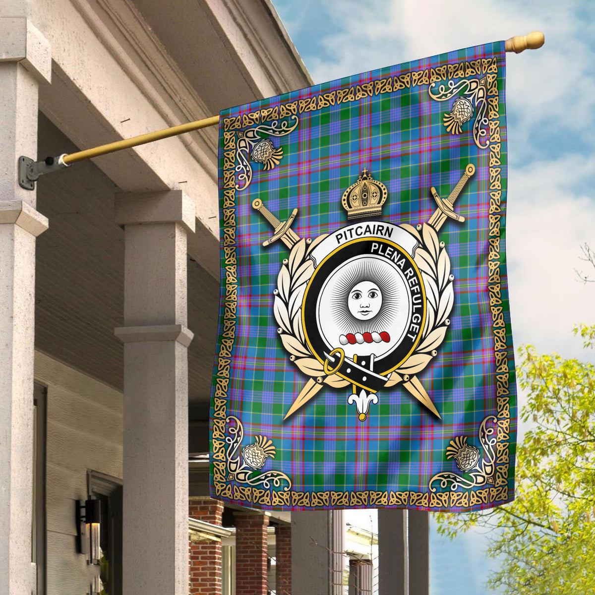 Pitcairn Hunting Tartan Crest Garden Flag - Celtic Thistle Style