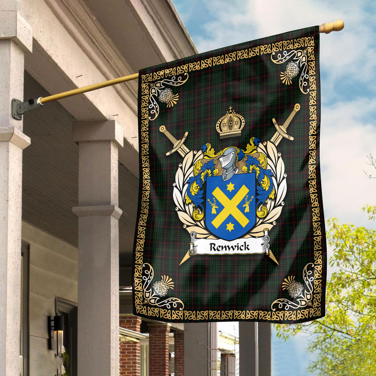 Renwick Tartan Crest Garden Flag - Celtic Thistle Style