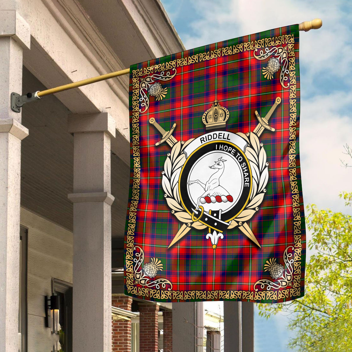 Riddell Tartan Crest Garden Flag - Celtic Thistle Style