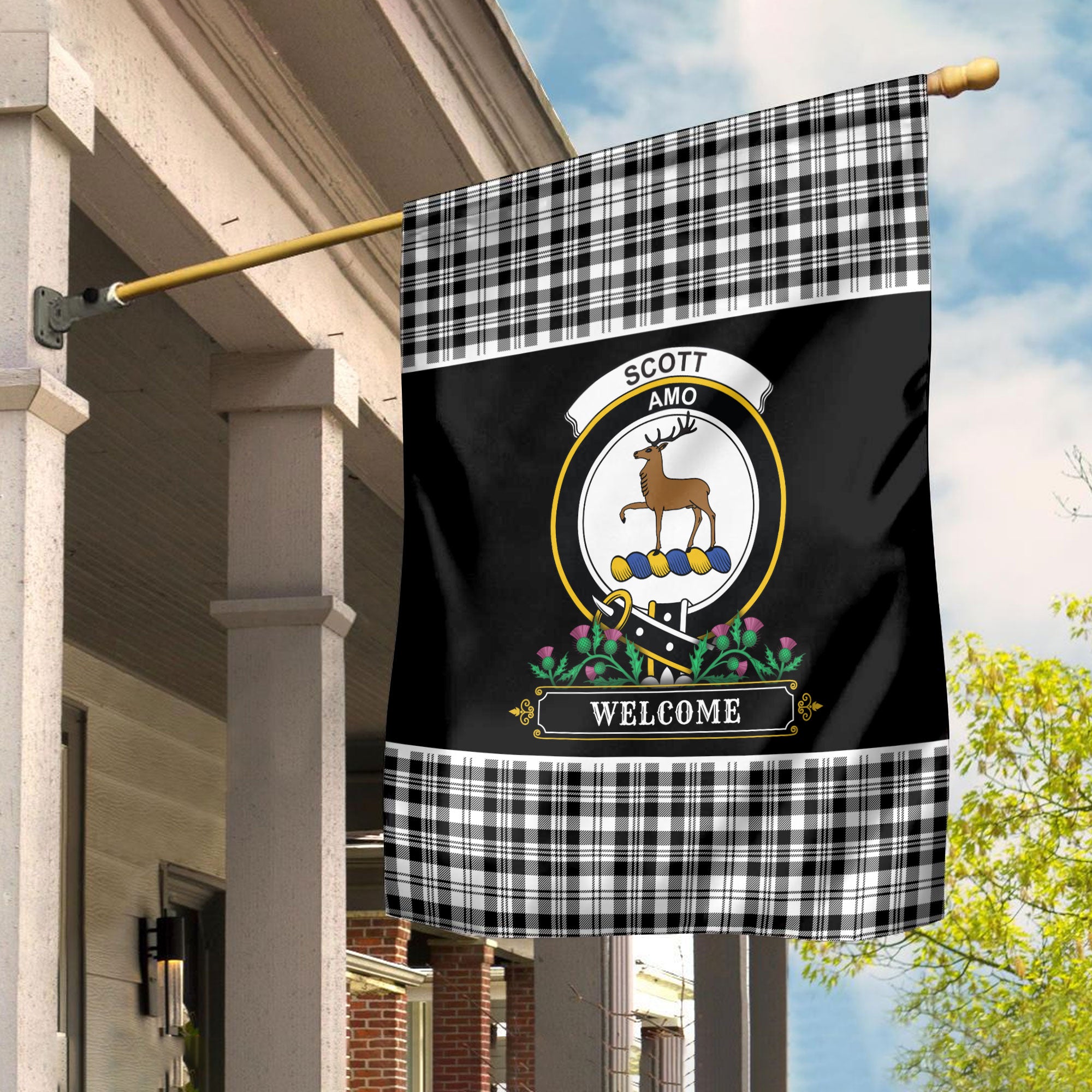 Scott Black & White Modern Tartan Crest Garden Flag - Welcome Style