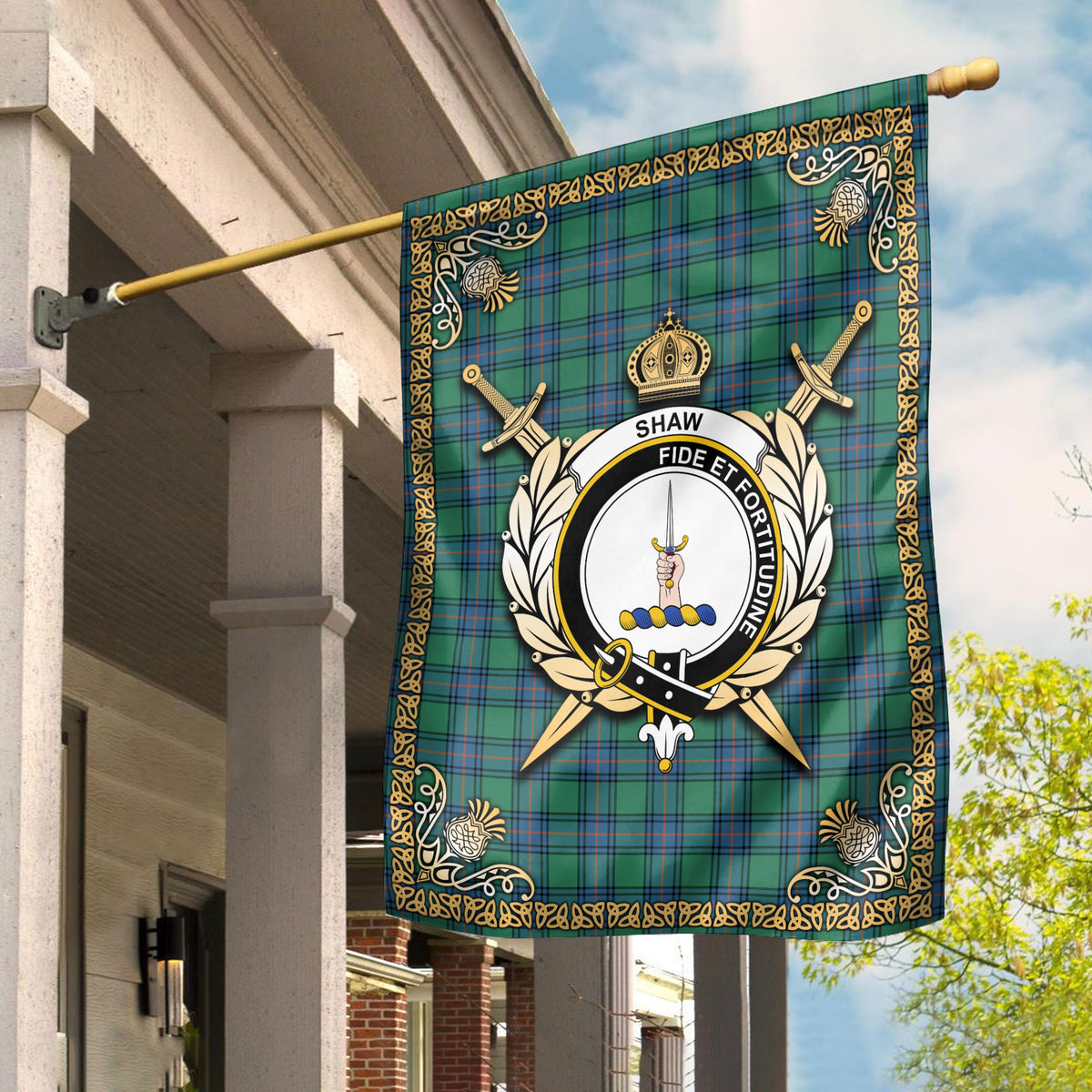 Shaw Ancient Tartan Crest Garden Flag - Celtic Thistle Style