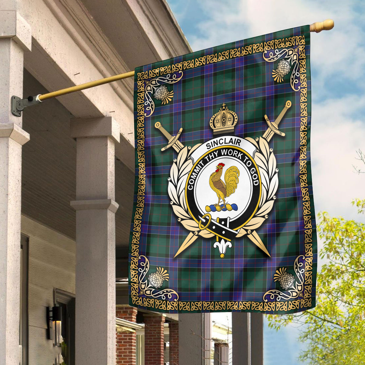 Sinclair Hunting Modern Tartan Crest Garden Flag - Celtic Thistle Style