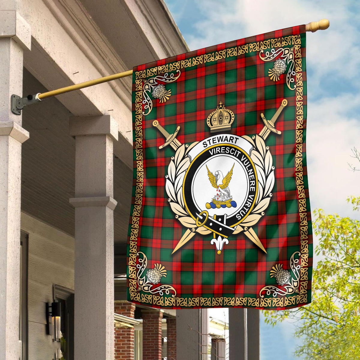 Stewart Atholl Modern Tartan Crest Garden Flag - Celtic Thistle Style