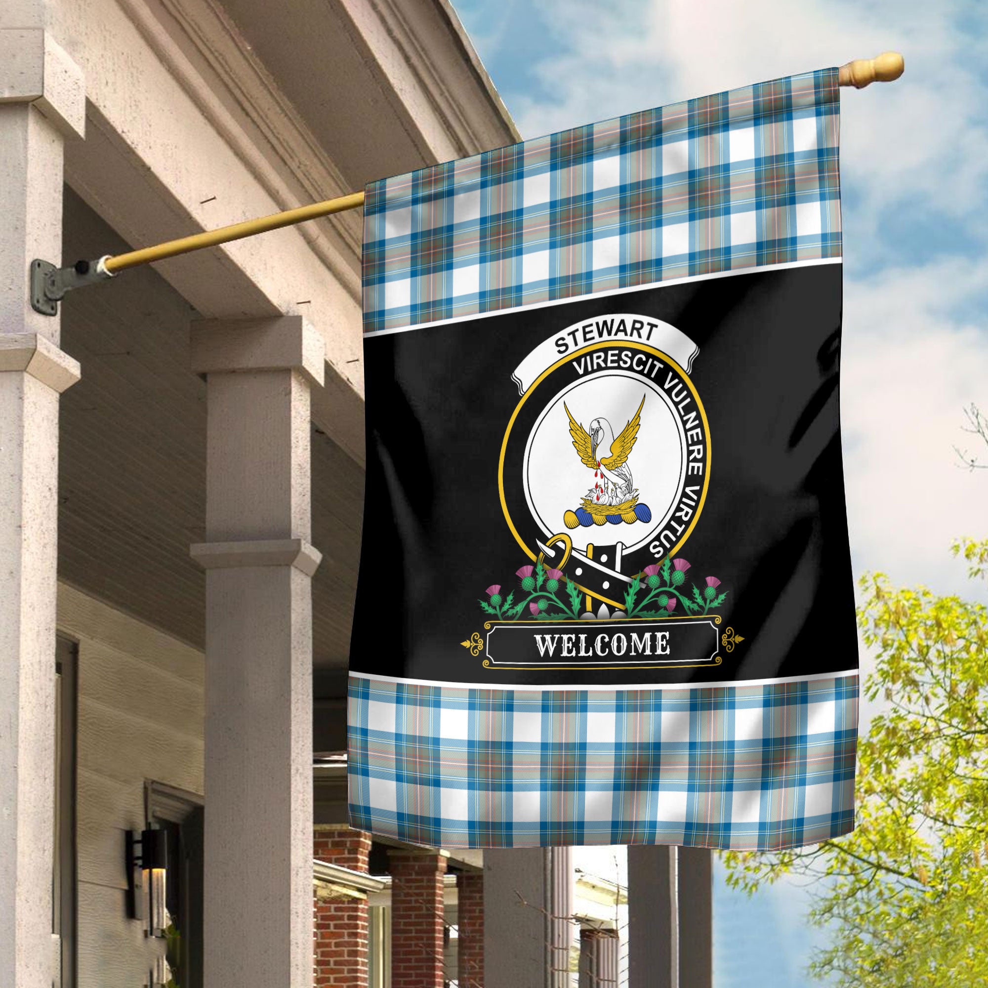 Stewart Muted Blue Tartan Crest Garden Flag - Welcome Style