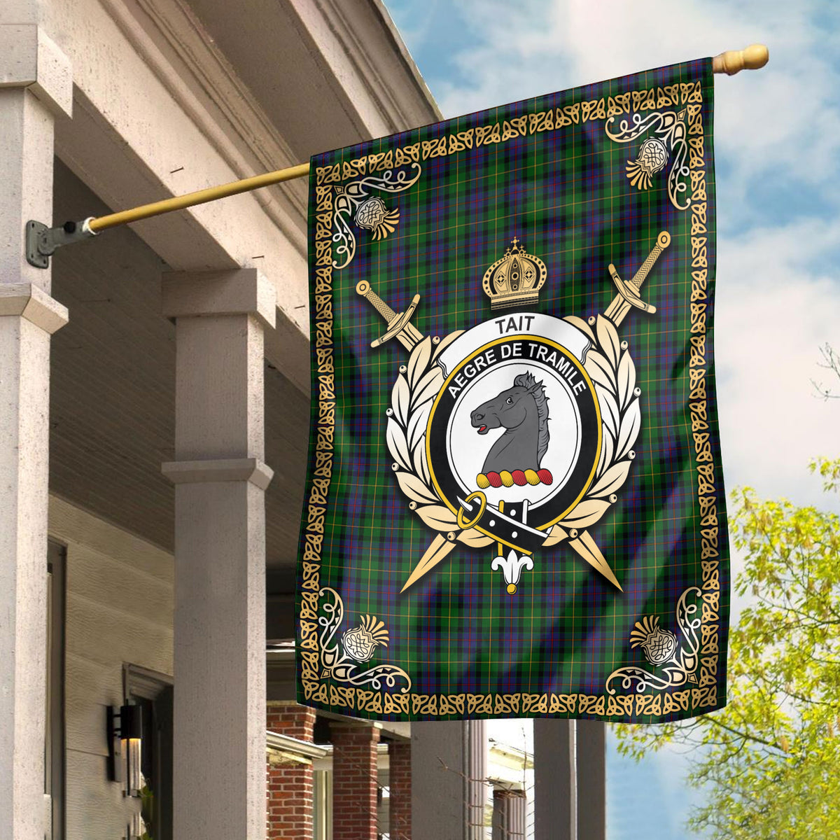 Tait Tartan Crest Garden Flag - Celtic Thistle Style