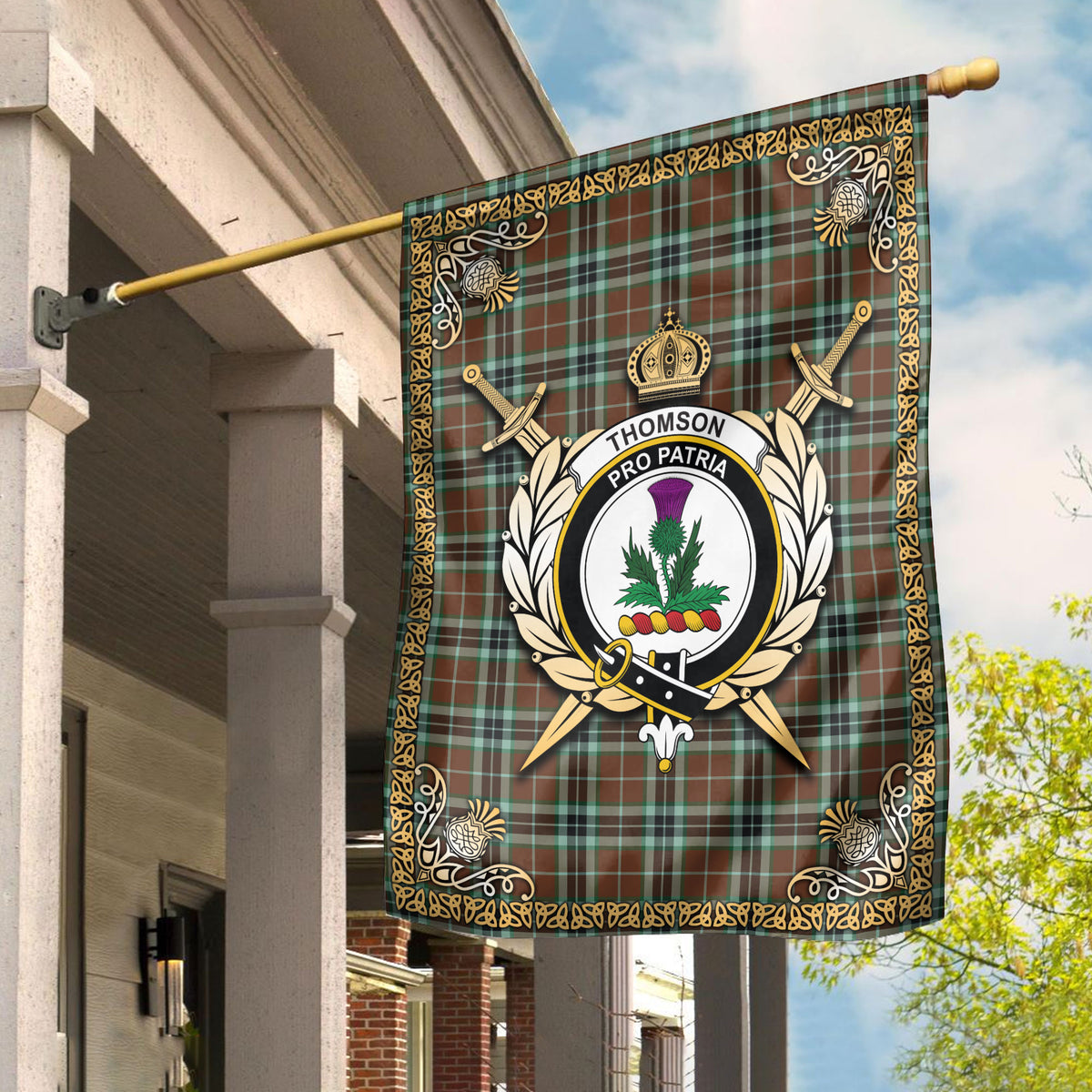 Thomson Hunting Modern Tartan Crest Garden Flag - Celtic Thistle Style