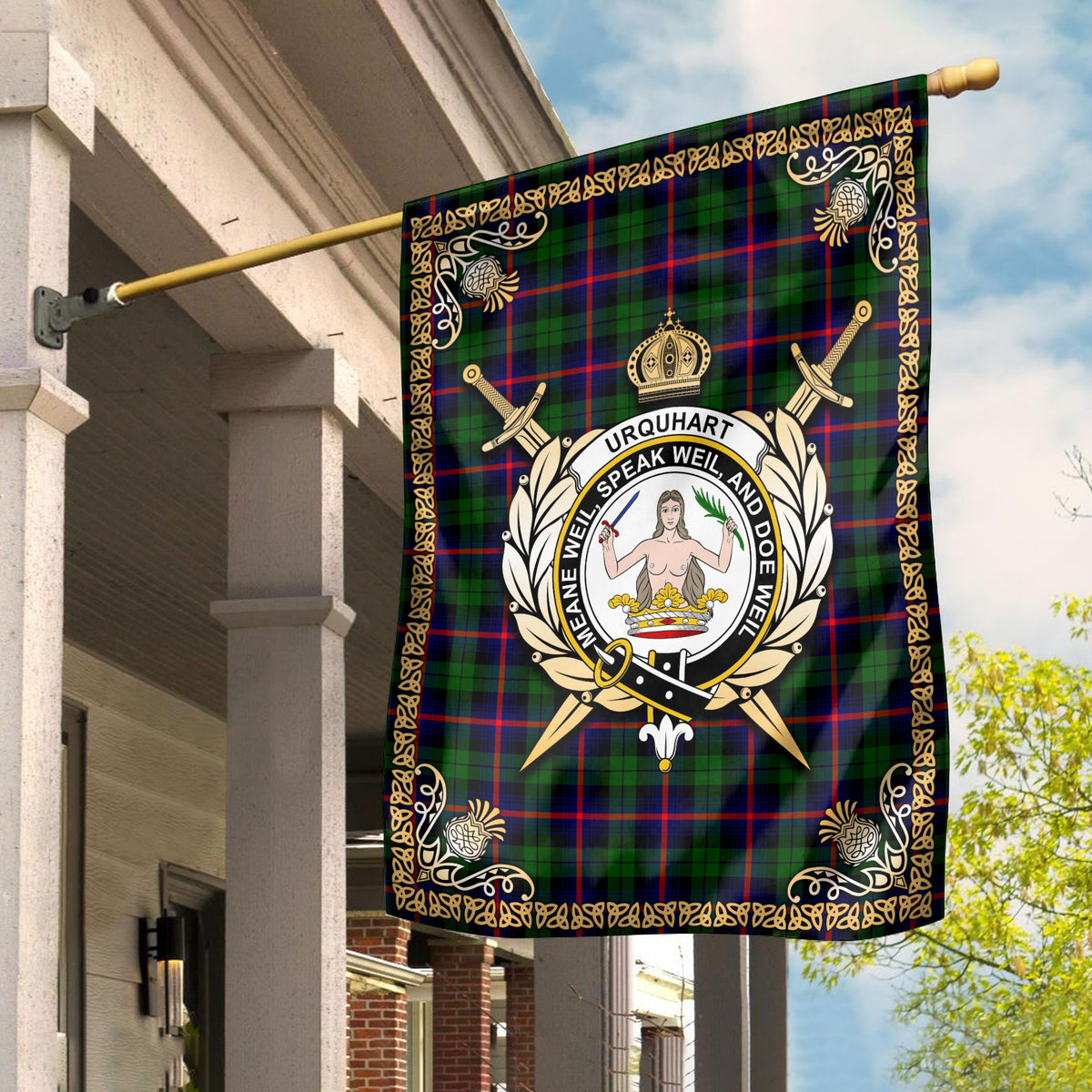 Urquhart Modern Tartan Crest Garden Flag - Celtic Thistle Style