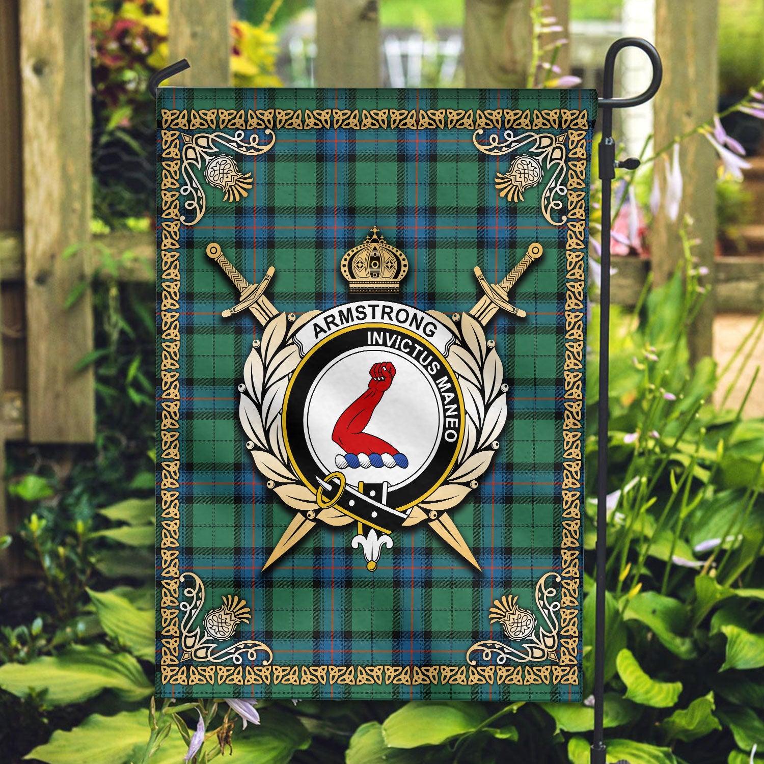 Armstrong Ancient Tartan Crest Garden Flag - Celtic Thistle Style